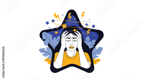A stylized illustration of a person experiencing dizziness and a severe headache, with stars and lightning bolts circling their head.