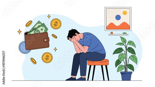 A sad man sitting in despair over his financial problems, with an open wallet showing money flying away in the background.