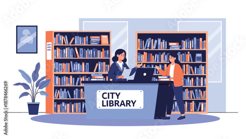 An illustration of a friendly female librarian assisting a visitor at the front desk of a modern city library full of bookshelves.