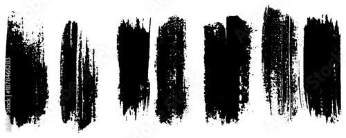 Set of seven black brush strokes. Hand drawn ink spots isolated on white background. Vector illustration