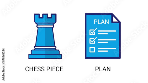 Blue Chess Piece and Plan Document in Simple Flat Design with Bright Blue Color for Strategic Business Planning