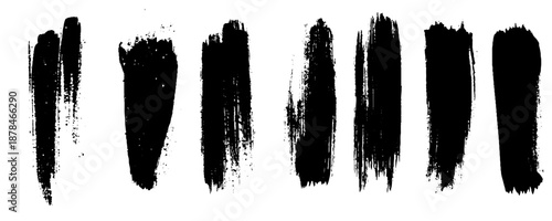 Set of seven black brush strokes. Hand drawn ink spots isolated on white background. Vector illustration