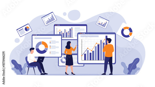 A team of business analysts working with multiple interactive dashboards, analyzing data charts and graphs for market research.