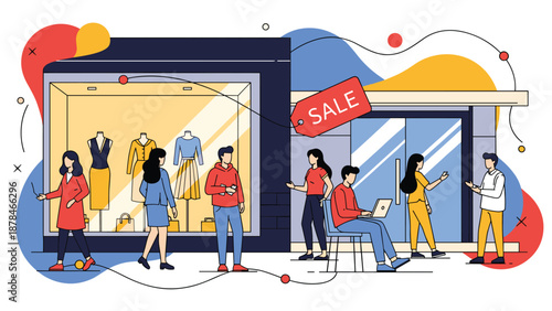 A lively street scene with people shopping at a clothing store during a sale, with mannequins in the window display and a red sale tag.