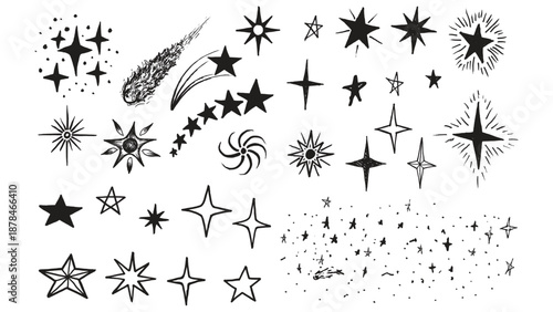 Star vector set, hand drawn illustration of stars, shooting stars, and star patterns, black and white sketch art