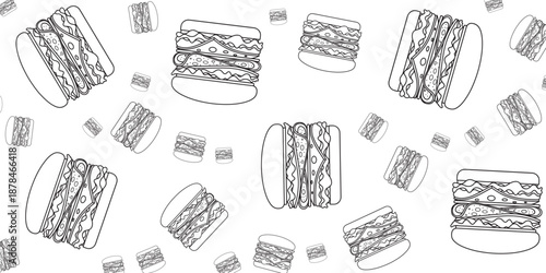 Pattern of delicious sandwiches and small pastries, black and white graphic illustration