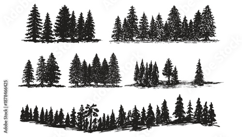 Forest tree vector set, hand drawn illustration of pine trees and fir trees, black and white sketch art