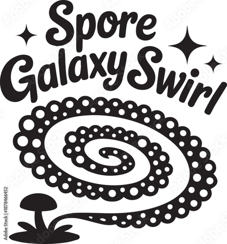 Spore galaxy swirl decorative vintage typography design with mushroom and spiral pattern