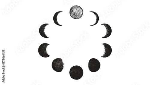 Moon phases set, hand drawn vector illustration of lunar cycle, new moon to full moon and back again, black and white sketch art