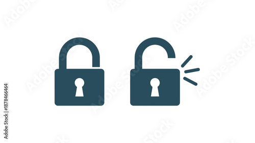 Padlocks in dark blue color with one unlocked in simple flat design for cybersecurity icon