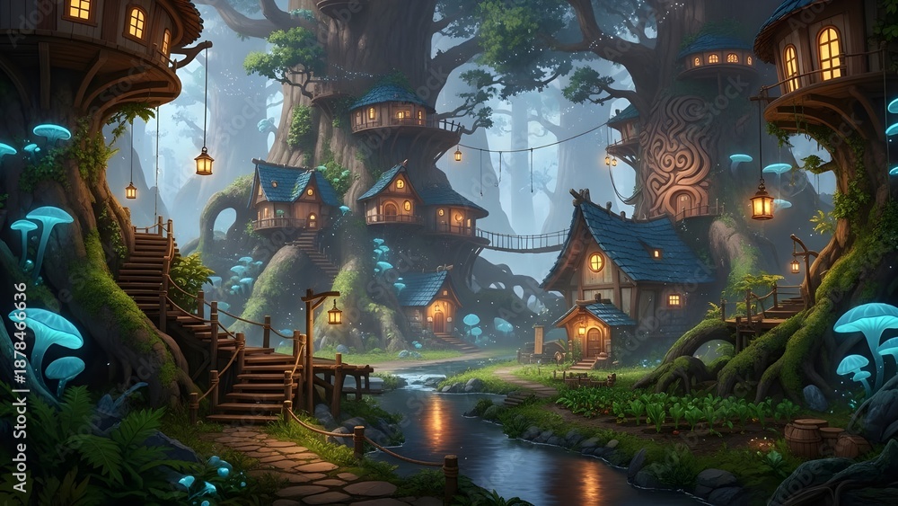 Fototapeta premium Enchanted Tree Village Fantasy Landscape Glowing Mushrooms Forest Home