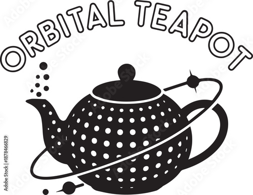 Orbital teapot emblem for space-inspired tea sets, futuristic kitchen appliances, and novelty gifts
