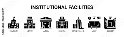 Institutional Facilities web banner icon vector illustration concept for public service buildings with icons of university, library, museum, hospital, office building, lobby, corridor.