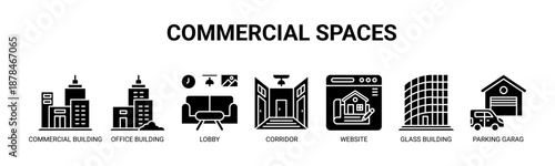 Commercial Spaces web banner icon vector illustration concept with icons of commercial building, office building, lobby, corridor, website, glass building, parking garage.