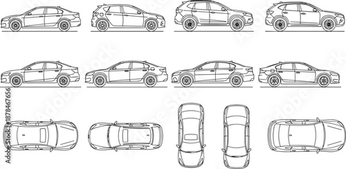 Car blueprint outline set showing multiple vehicle body styles side top and front views technical automotive flat vector illustration