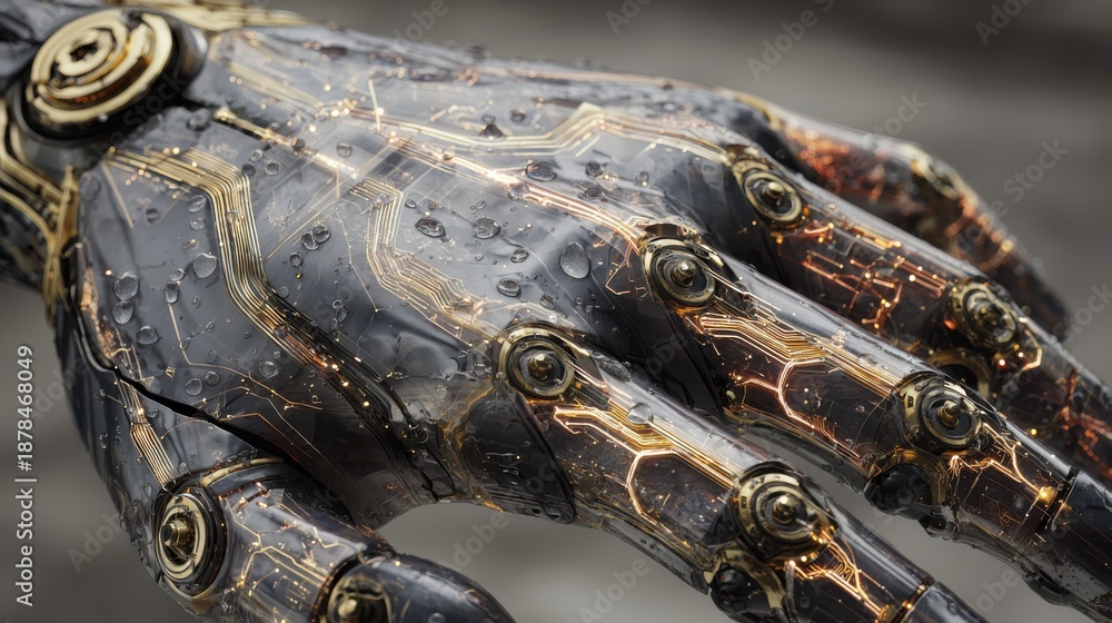 Fototapeta premium Futuristic Robotic Hand with Electric Elements and Water Droplets