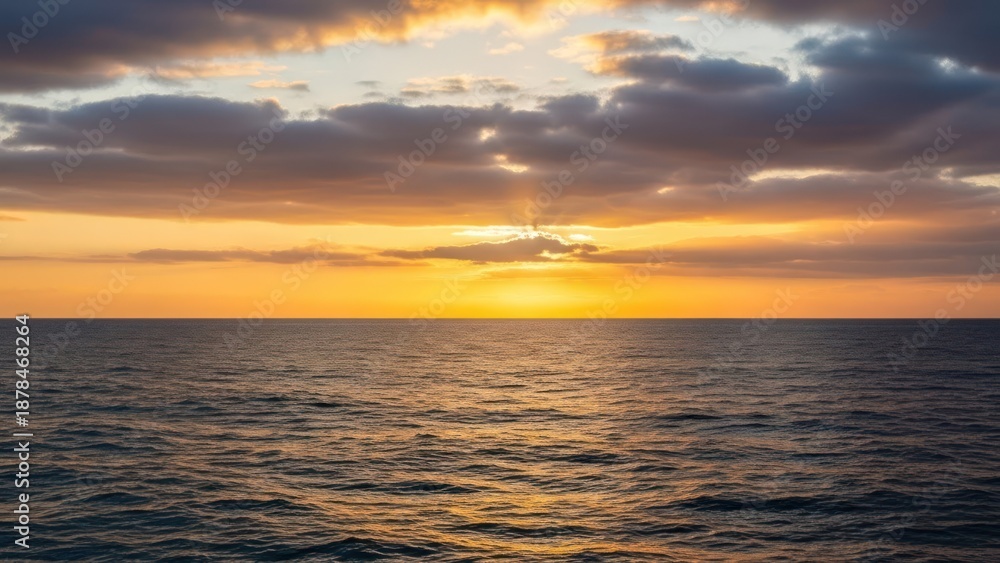 Fototapeta premium Golden sunset over ocean, with radiant sun rays bursting through clouds