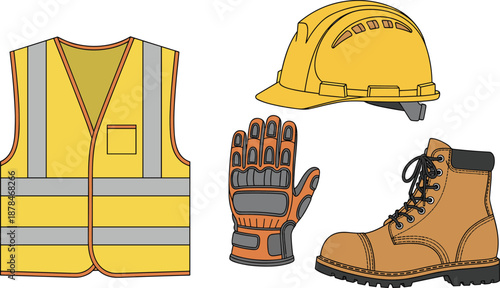 Construction safety equipment set with reflective vest hard hat protective gloves and safety boots flat vector illustration icons
