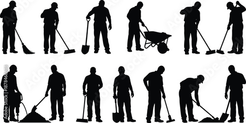 Construction workers silhouette set performing manual labor with tools isolated on white background for industrial workforce safety and job concept illustration