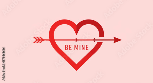 Minimalist graphic of a red heart pierced by an arrow with "BE MINE" text on a pink background, perfect for Valentine's Day and romance.