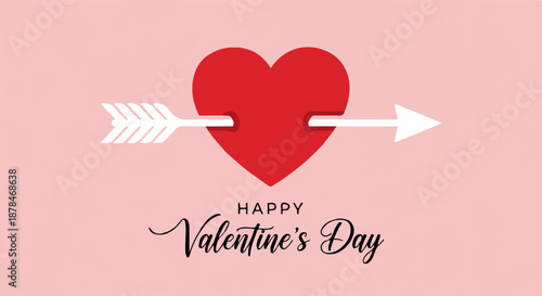 Happy Valentine's Day greeting card with a red heart pierced by Cupid's arrow on a pink background, symbolizing love and romance.