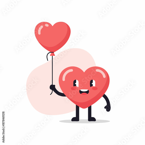 A cute cartoon heart character happily holds a red heart-shaped balloon, symbolizing love, joy, and celebration.