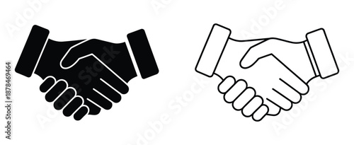 Handshake icon vector, black and white thin line business handshake illustration, partnership trust agreement symbol for UI and branding.