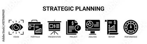 Strategic Planning web banner icon vector illustration concept for business with icon of vision, portfolio, presentation, project, analysis, report, and performance.