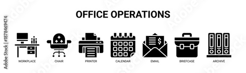 Office Operations web banner icon vector illustration concept for business with icon of workplace, chair, printer, calendar, email, briefcase, and archive.