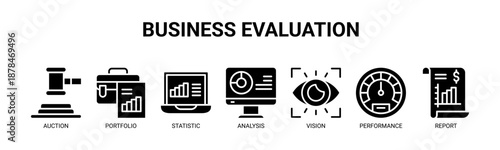 Business Evaluation web banner icon vector illustration concept for business with icon of auction, portfolio, statistic, analysis, vision, performance, and report.