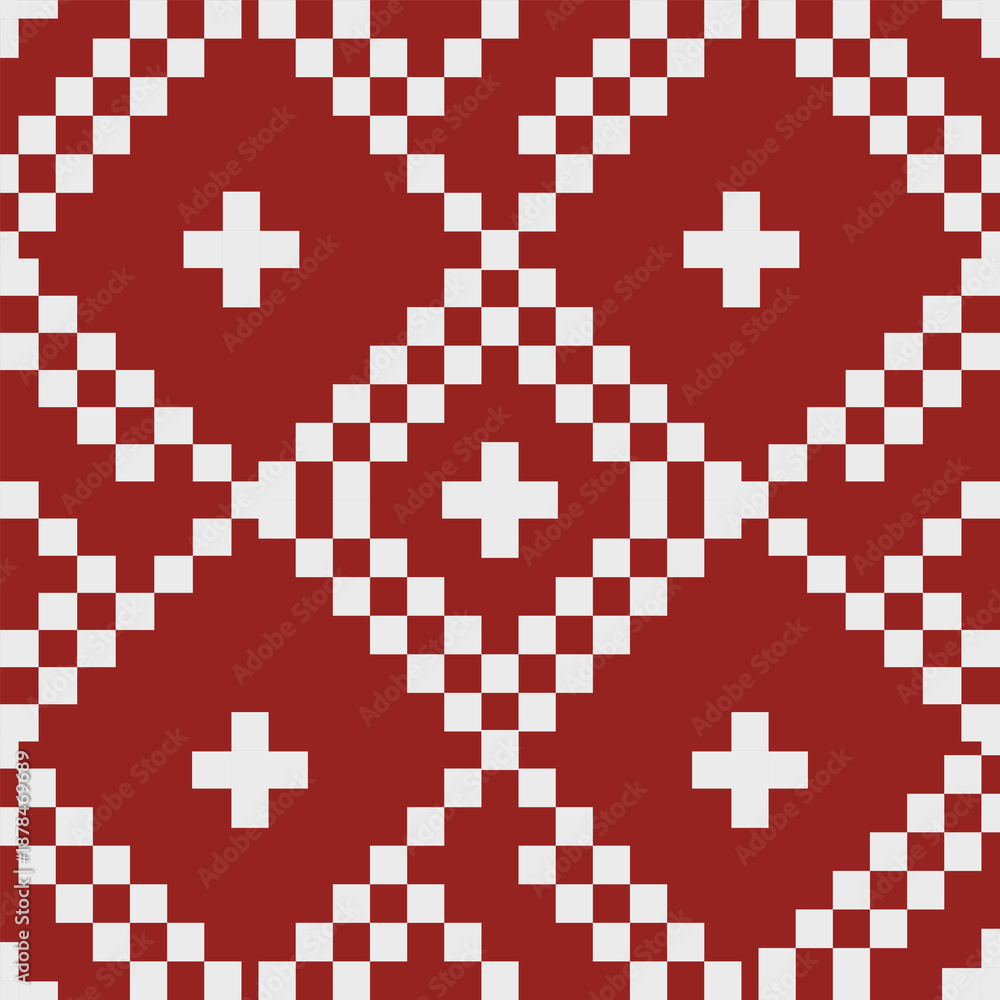 Obraz premium Seamless geometric pattern with red 3d swiss cross icons and medical first aid signs for emergency hospital pharmacy and healthcare vector design