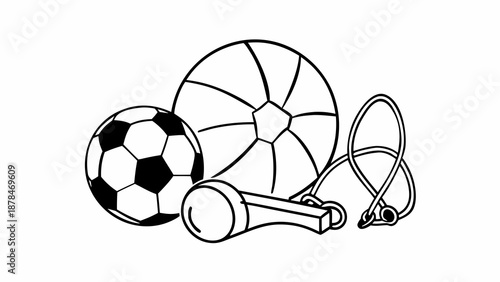 Sports equipment illustration featuring soccer ball, basketball, whistle, and jump rope on a clean background