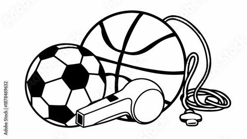 A collection of sports equipment including soccer ball, basketball, and whistle on a clean background viewed from directly above.