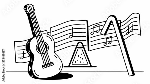 Guitar, music sheets, and triangle create a harmonious music scene illustration