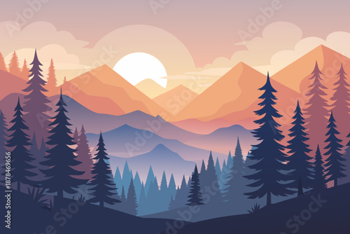 Minimal sunrise forest scene with gentle sun glow and colorful mountains trees