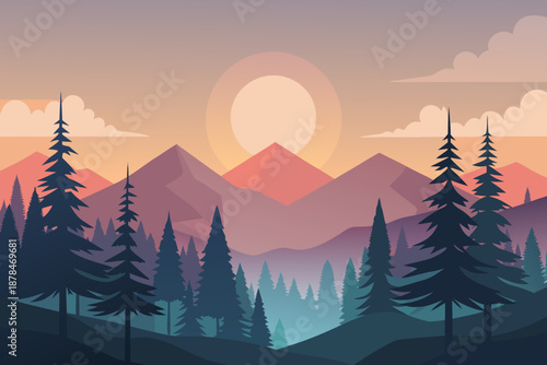 Minimal sunrise forest scene with gentle sun glow and dark green pine trees mountains 1