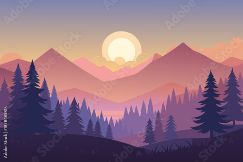Minimal sunrise forest scene with gentle sun glow over purple and pink mountains and evergreen trees
