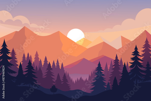 Minimal sunrise forest scene with gentle sun glow and purple mountains trees