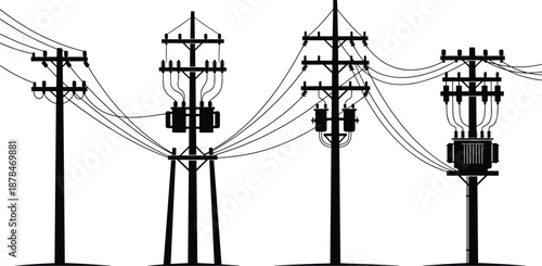 Electric power transmission poles and wires silhouette illustration showing utility infrastructure grid isolated on white background industrial energy network