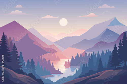 Soft Atmospheric of a Forest Valley with Purple and Blue Mountains and a Moonlit Lake