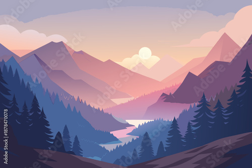 Soft atmospheric of a forest valley with purple and pink mountains and blue pine trees at sunset