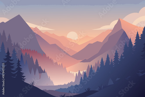 Soft Atmospheric of a Forest with Purple and Pink Mountains at Sunset