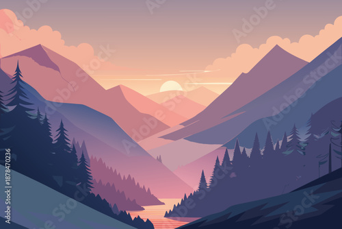 Soft atmospheric of a forest valley with purple and pink mountains and trees at sunset