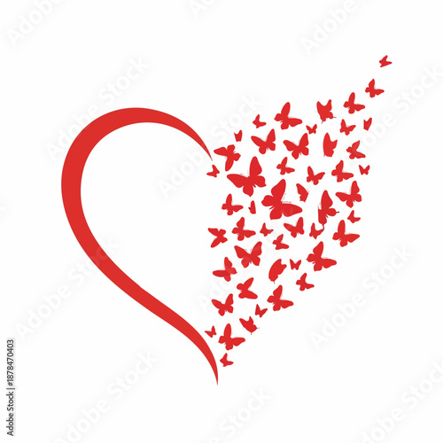 Red heart shape dissolving into a swarm of beautiful flying butterflies, symbolizing love, freedom, and transformation on a white background.