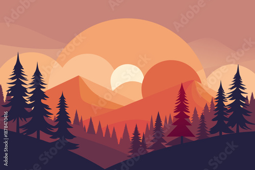 Ultra Minimal Forest Scene with Abstract Tree Silhouettes and Warm Gradient Background trees