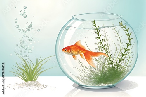Wallpaper Mural Vibrant orange goldfish swimming gracefully inside a clear glass fishbowl surrounded by lush green aquatic plants and rising air bubbles against a soft pastel background illustration Torontodigital.ca