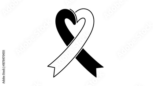 Heart shaped awareness ribbon icon, black and white charity symbol