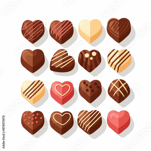 A delightful assortment of heart-shaped chocolates in various flavors and decorations, perfect for Valentine's Day, gifts, or sweet indulgence.