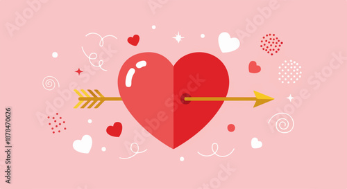 A flat design illustration of a red heart pierced by a golden arrow, surrounded by decorative elements on a pink background. Perfect for love and r...