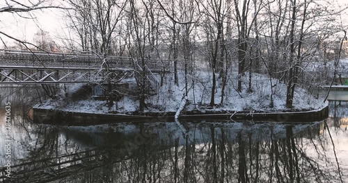 Snow during a cold winter morning in the National Park in Bucharest, Romania.
